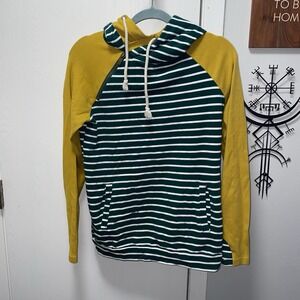 Women's & Colorblock Striped Double Hoodie Sweatshirt Green And Mustard Small